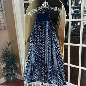 Elegant Blue Patterned Halter Dress
